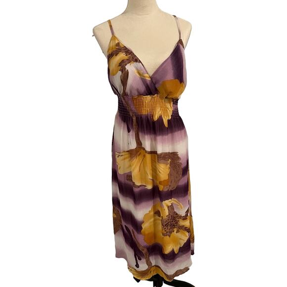 SHE’S COOL Women’s Floral Purple and Yellow Midi Lined Dress Size 1X - Picture 1 of 9